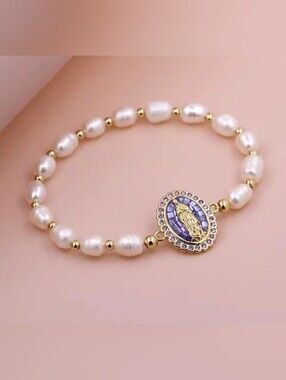 💜🤍NEW💜🤍 PRETTY!! CZ & Freshwater Pearl Blessed Mary Stretch Bracelet In PURP